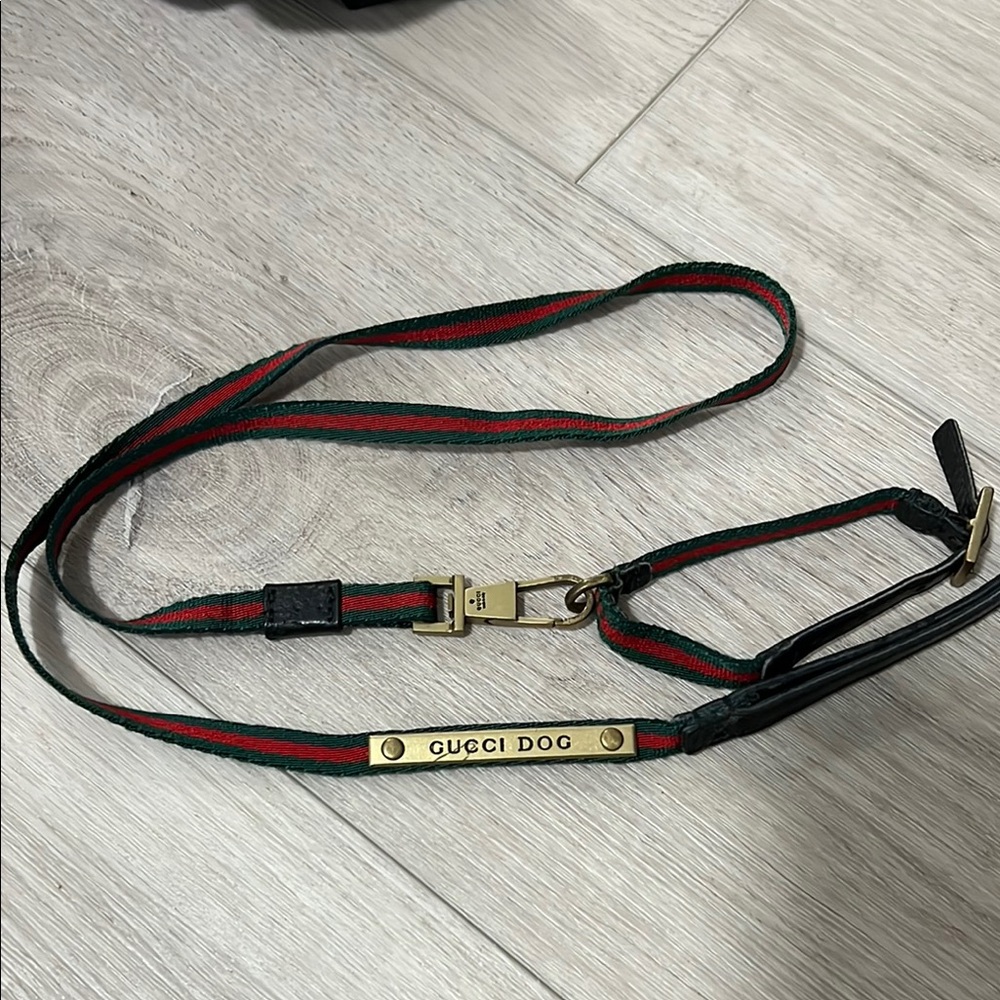 Gucci Green and Red Dog Leash with Brass Clip